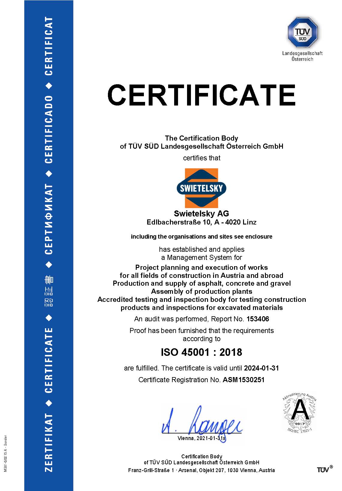 Zertifikat-A4 45001 Haupt+Anlagen Swietelsky_e_Seite_1