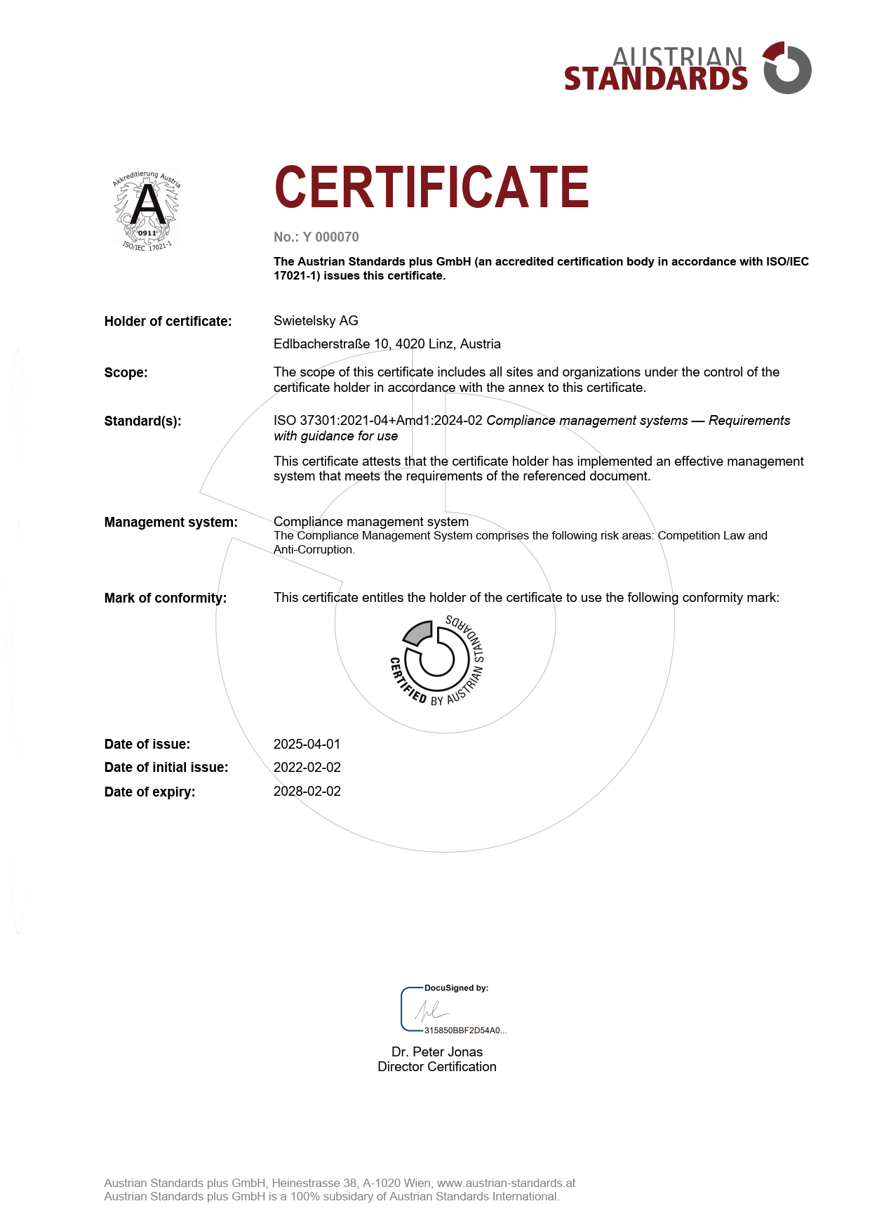 ISO Certificate 37301 Swietelsky Y 000070 20250401 EN GB 1