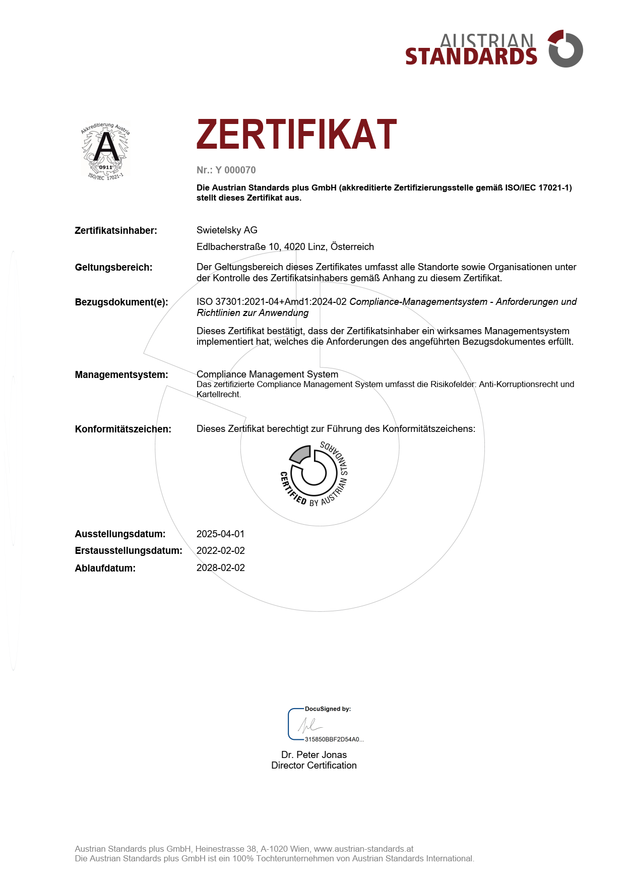 ISO Zertifikat 37301 Swietelsky Y 000070 20250401 DE DE 1